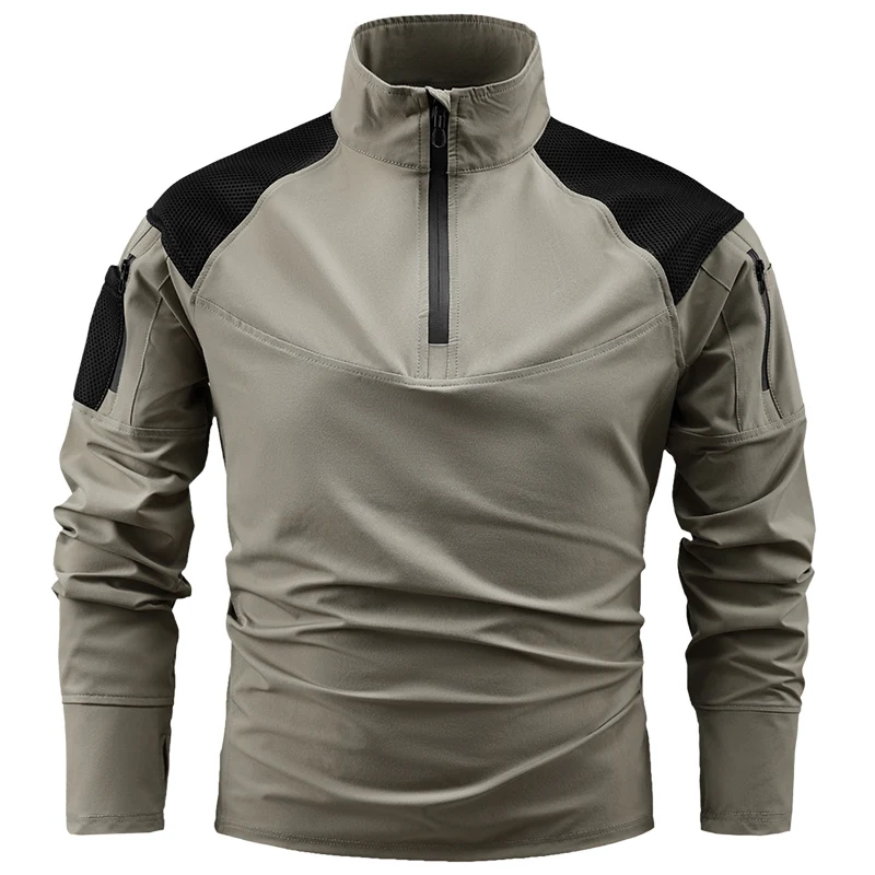Mens Outdoor Tactical Long-Sleeve Shirt Hiking T-Shirts Men Combat Military Army Hunting Climbing Sport Shirt 1/4 Zipper Ripstop
