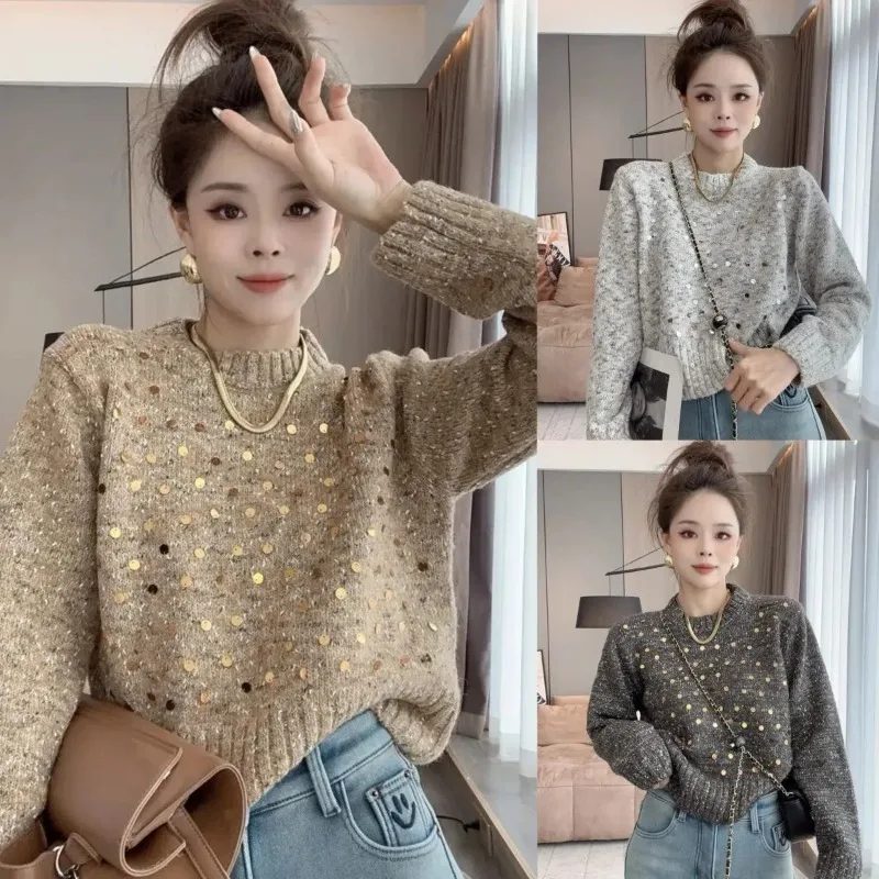 Autumn Winter New Korean Casual Slimming Retro Mixed Color Sequin Sparkling Round Neck Pullover Sweater Trendy Lady Short Tops