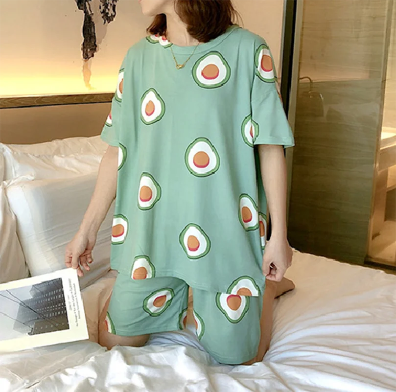 White Light Green Pink Giraffe Smile Face Avocado Pattern Print Soft Loose Comfortable Summer Piiama 2 Pieces Night Wears