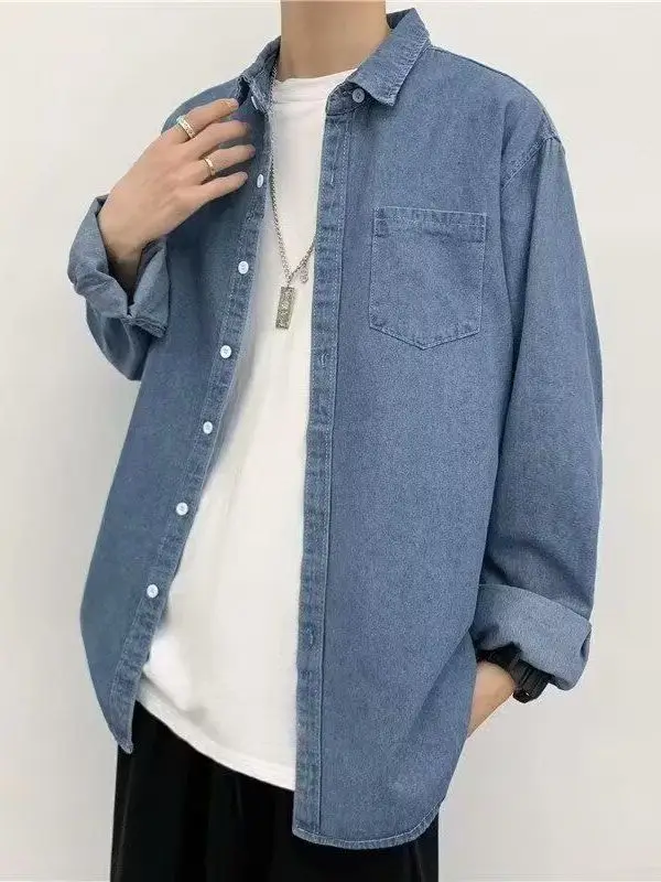 

Ретро-японская джинсовая рубашка для мужчин, с длинным рукавом, повседневная, легкая, весенняя верхняя одежда, модная рабочая одежда, свободный крой