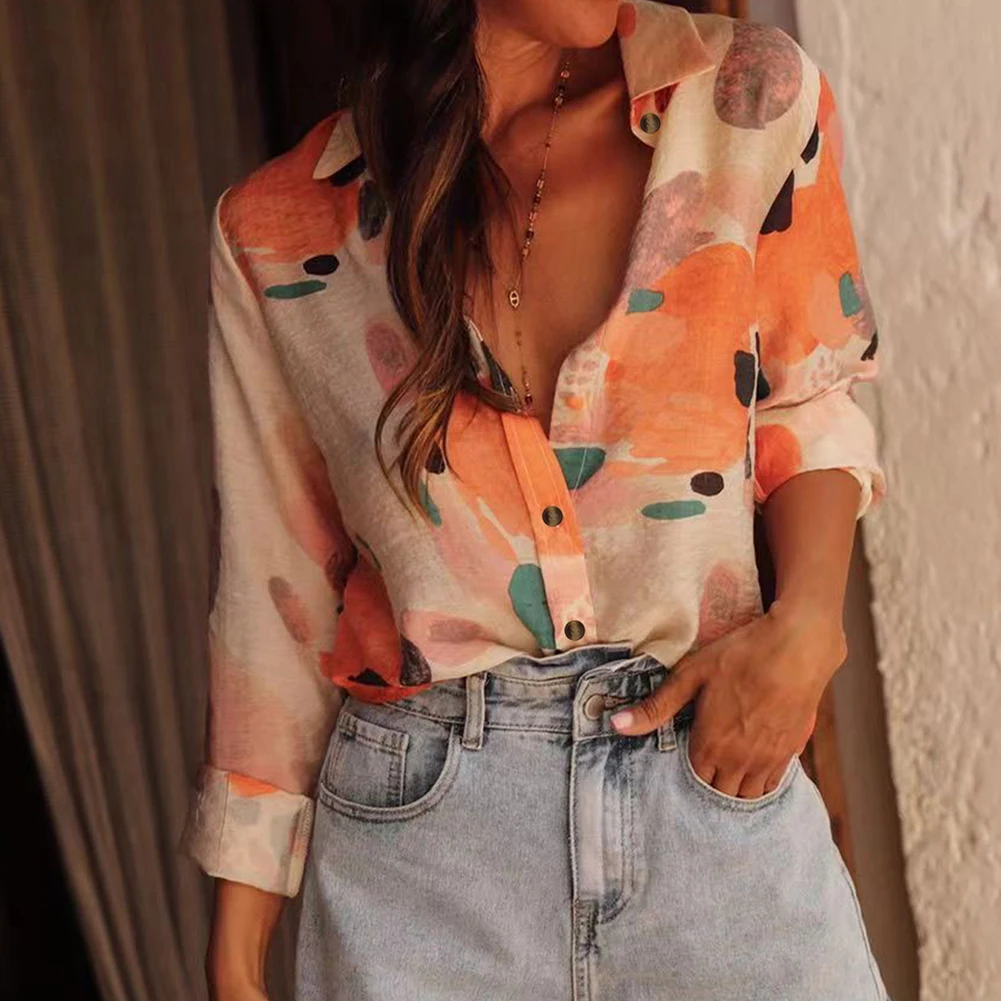 2025 Autumn Casual Long Sleeve Blouse Printed Collar Shirt For Women For Leisure Vacation Temperament Loose Top Woman Clothes