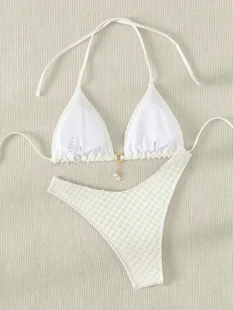Damen-Bikini mit milchigem Weiß, Neckholder, sexy, einfarbig, 2-teiliger Badeanzug, Schnürung, brasilianischer Badeanzug, 2022, Sommer-Strandbekleidung aus speziellem Stoff