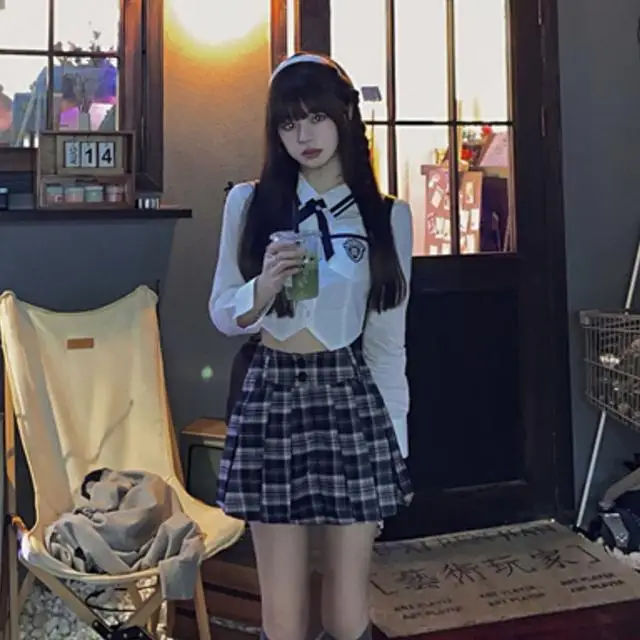 Fato escolar estilo faculdade para menina, uniforme JK, conjunto diário de duas peças, estilo japonês e coreano, saia plissada