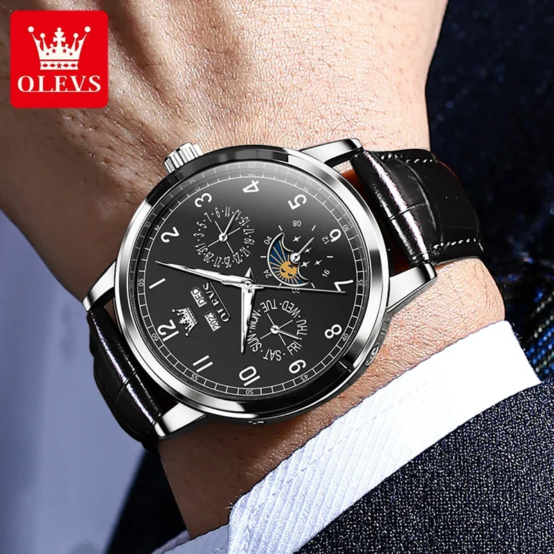OLEVS 남성용 다기능 가죽 스트랩 손목 시계, 문페이즈 방수 레저 원피스, 6698