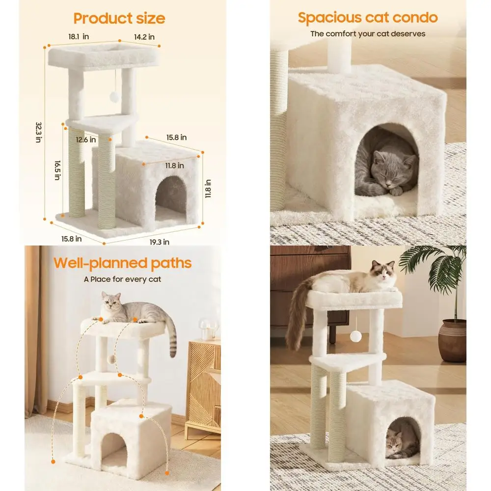 

33 Multi-Level Indoor Cat Tree with Scratching Posts, Large Perch, and Hanging Toy for Adult Cats, Beige