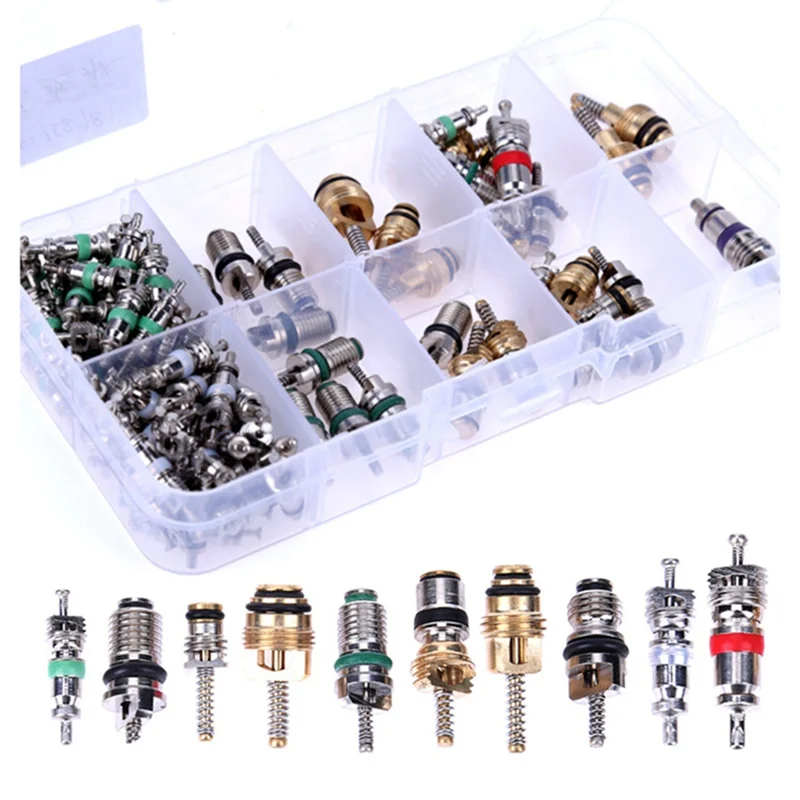 104Pcs Car Air Conditioner Valve Cores Assortment A/C AC Shrader Valve Core & Tool R134 R12 HVAC Valves Kit