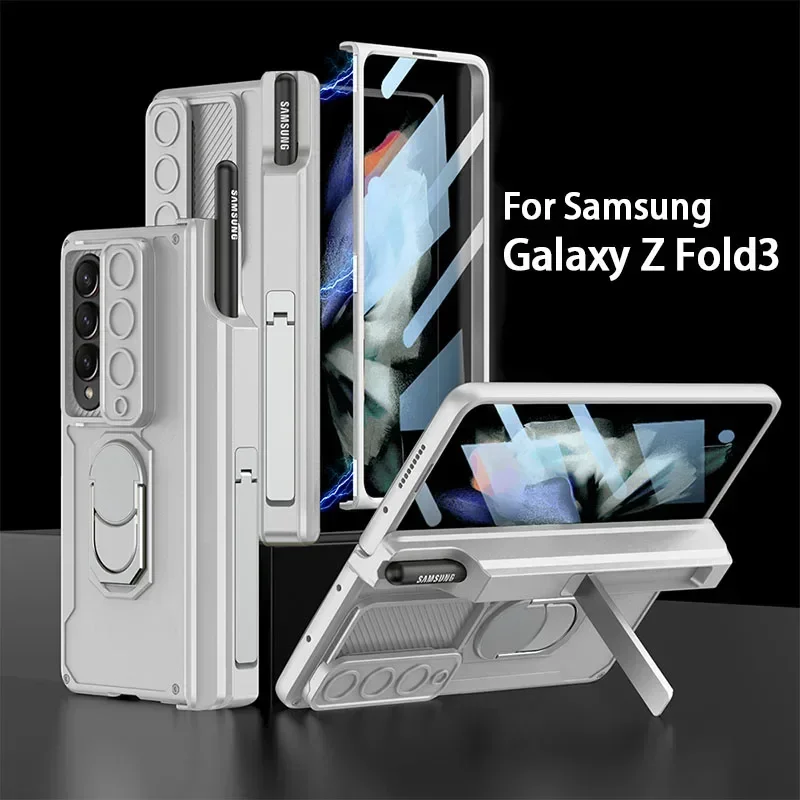 

RICKE Magnetic Hinge Pen Slot Case For Samsung Galaxy Z Fold 3 Fold3 5G Case Armor Lens Slider Glass Protective Stand Hard Cover