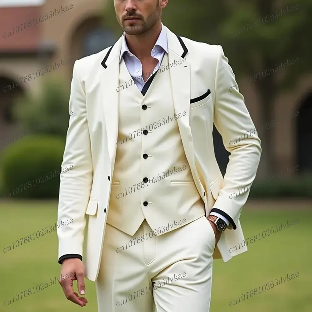 

Ivory And Black Business Male Suit Groom Groomsman Wedding Party Prom Formal Occasion Men Tuxedos 3 Piece Set Blazer Vest Pants