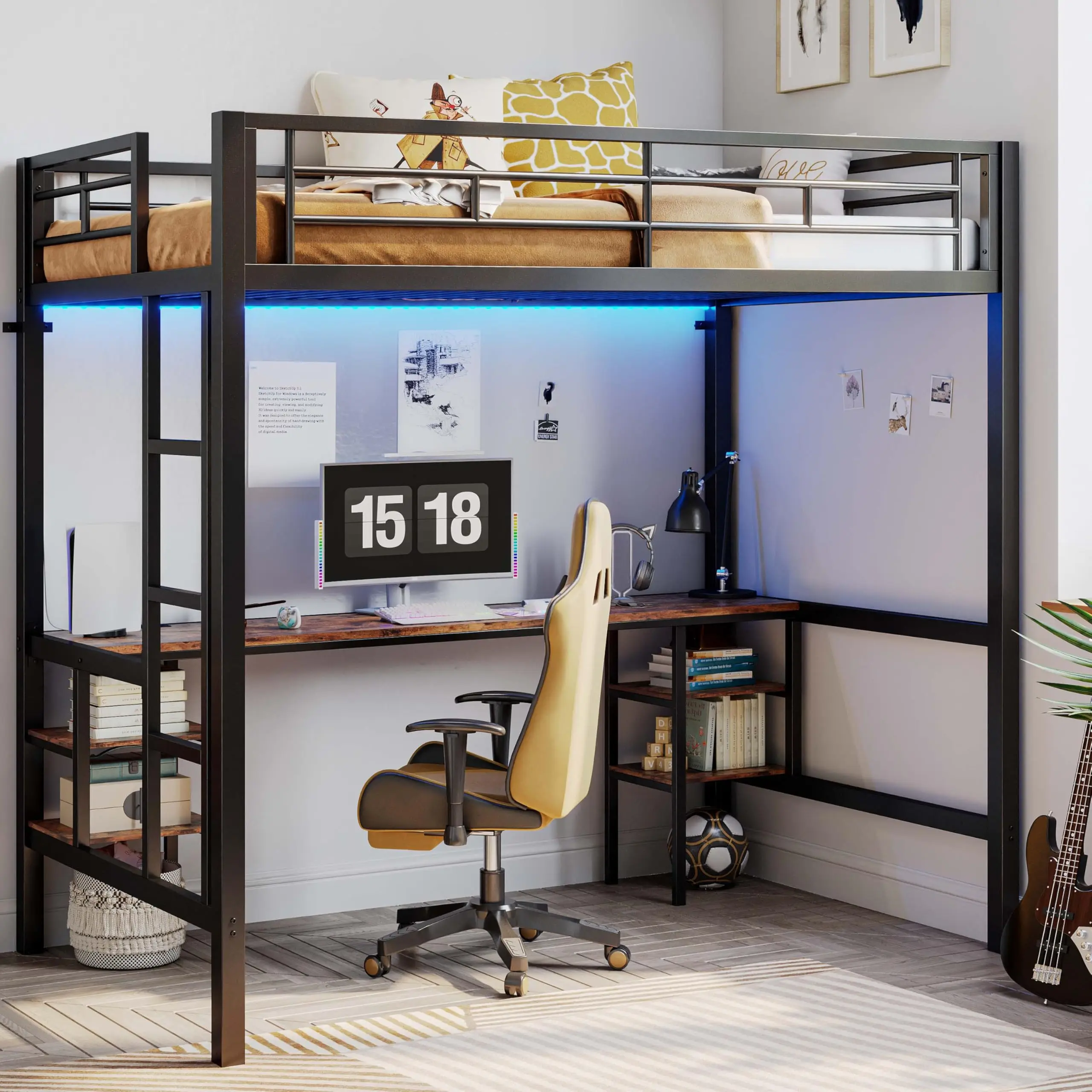 ANCTOR Loft Bed Twin Size with Desk and 4 Storage Shelves, Metal Loft Bed Frame with Power Outlet and LED Lighted, Black