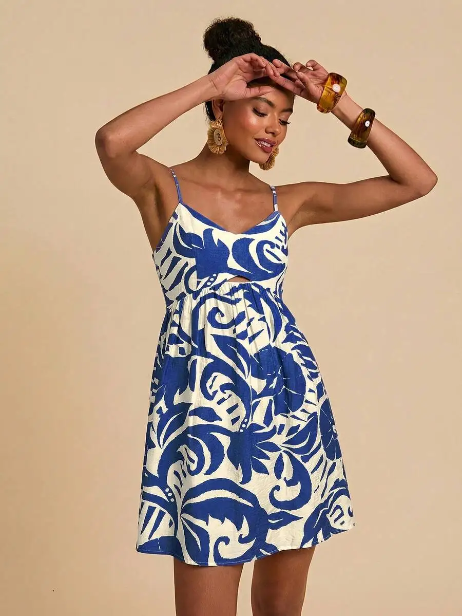 

Blue And White Floral Print Spaghetti Strap Mini Dress For Women Summer Casual Boho Beach Outfit