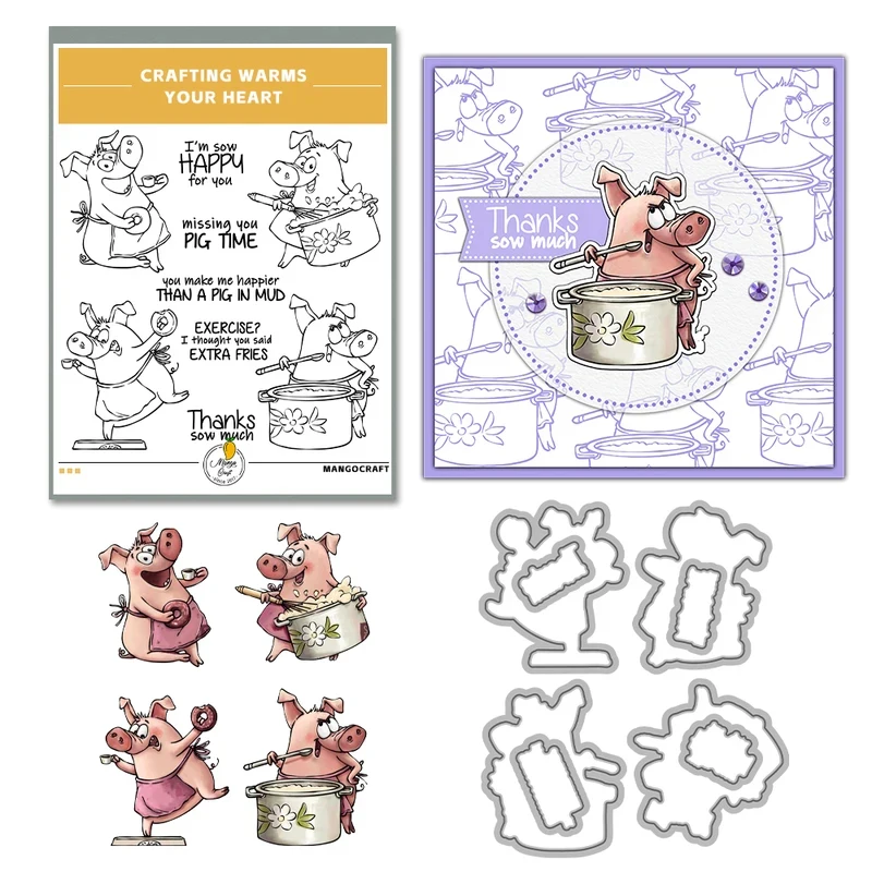 Cute Cartoon Cooking Pigs Cutting Dies And Clear Stamp DIY Scrapbooking Metal Dies Silicone Stamps For Cards Albums