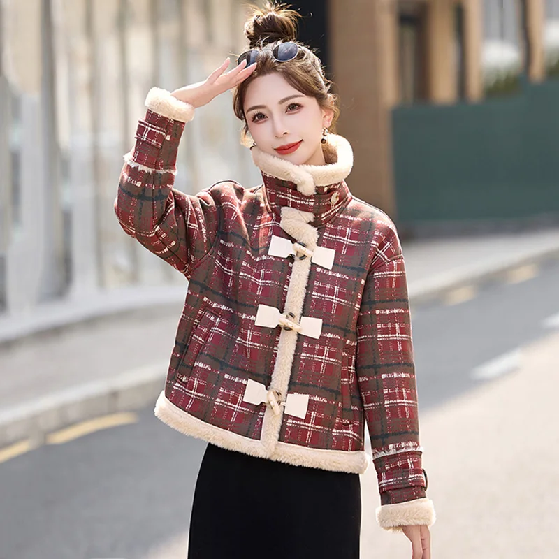 

New Women Autumn Winter Velvet Lining Jacket Fashion Turn-down Collar Wide-waisted Thick Plaid Jacket Casual Loose Short Coat