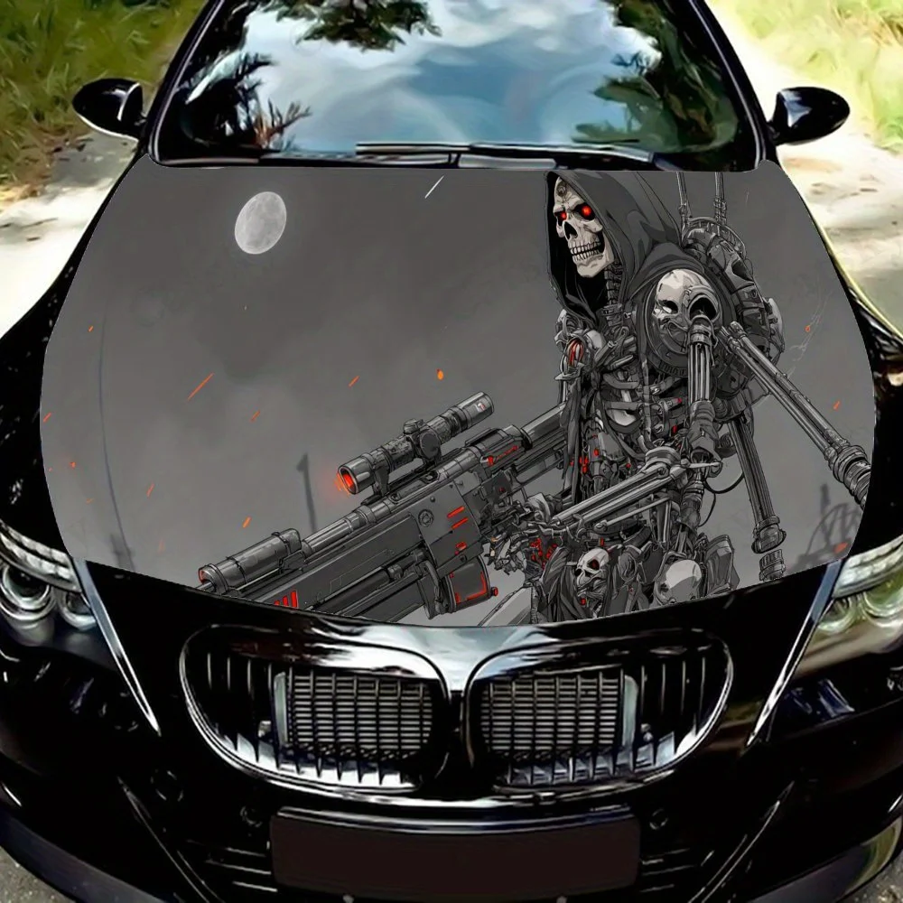 

Grim Reaper with Gun PVC Car Vinyl Wraps, Self-Adhesive Waterproof Car Hood Decal Sticker, Car Decoration Protection Stickers fo