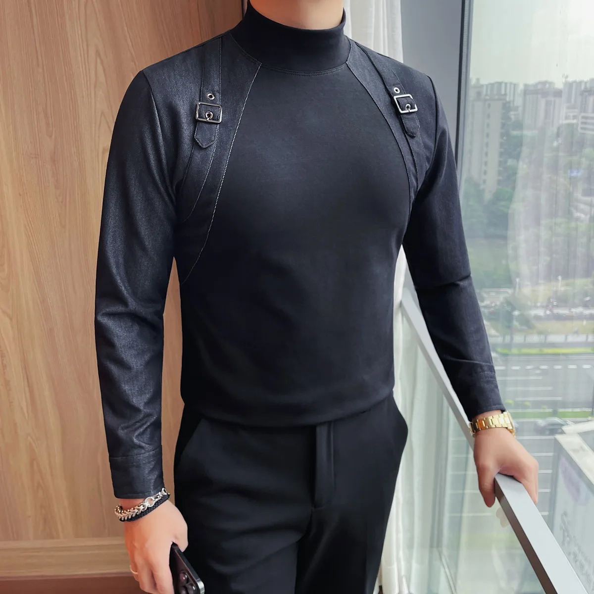 2025 Winter Half High Necked Long Sleeved T-shirt Men's Shoulder Strap Slim Fit Elastic Versatile Casual Business Base Shirt