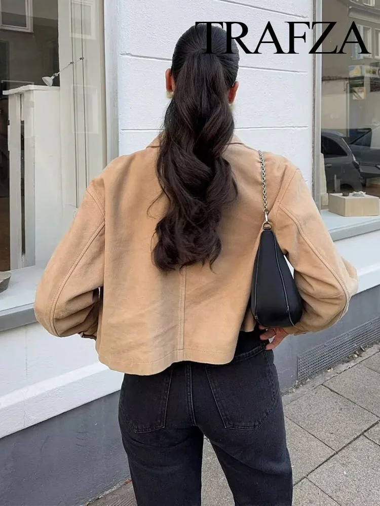 

TRAFZA 2025 Women Autumn Fashion Suede Textured Coats Female Long Sleeves Lapel Single-breasted Pockets Street Causal Jackets