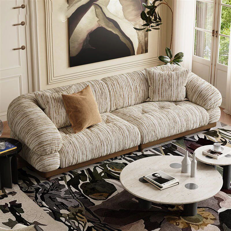 

French cream style high-end sofa living room small apartment straight row lazy retro solid wood fabric sofa home