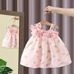 Children's dress summer 0-3 year old baby girl two three-dimensional flowers embroidered with suspender princess dress