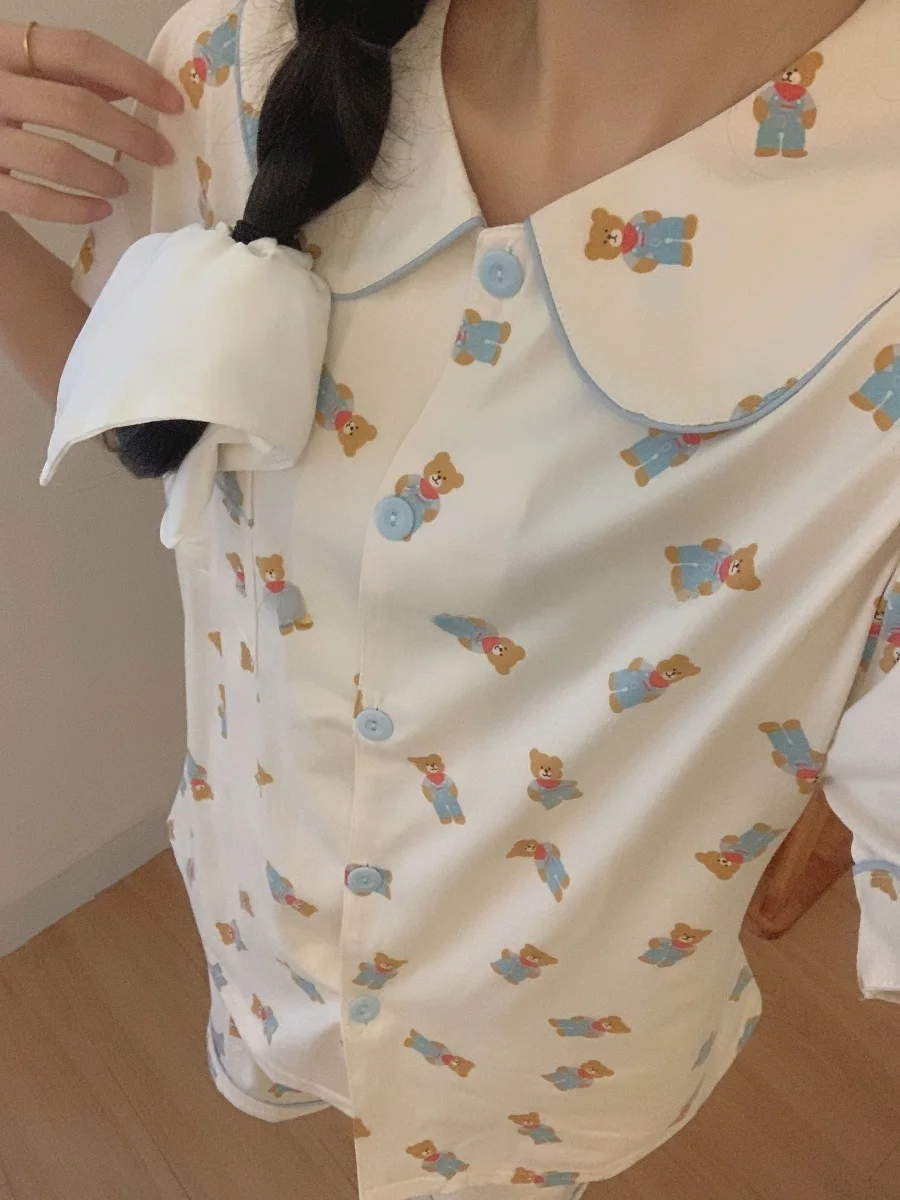 

Модные летние хлопковые пижамы, женские легкие кардиганы с короткими рукавами, удобная домашняя одежда с милым медведем, летняя одежда для сна