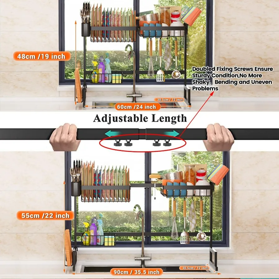 رف تجفيف الأطباق فوق الحوض (ارتفاع/طول قابل للتوسيع) تصميم سهل التركيب منظم تخزين تجفيف الأطباق الكبير 24 بوصة - 35.5 بوصة (طول)