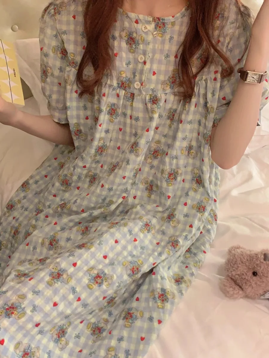 

Korean Sle Summer New Cartoon Bear Long Sve Sp Dr Women's Home Clothes Thin ort Sve Cute Long Home Skirt