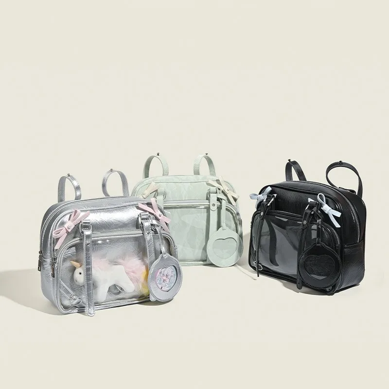 Xiuya Y2k Cute Womens Backpack Silver Transparent Lolita Jk New Fashion Backpack Pu Leather Bow Vintage Kawaii Aesthetic Bags