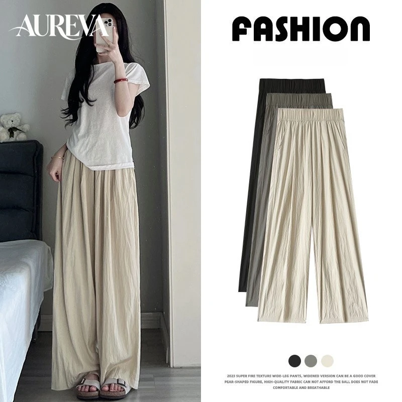 Yamamoto Design Women's Pleated Draping Ice Silk Wide Leg Trousers High Waist Loose Straight Casual Floor-Length Summer Pants