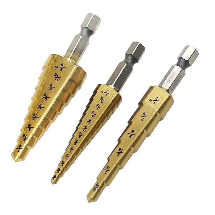 3Pcs HSS Titane Enduit Étape Forets 1/4 "Tige Hexagonale Étape Cône Forage Krachtige Trou Coupeur 3/16"-1/2 "1/8"-1/2 "1/4"-3/4"