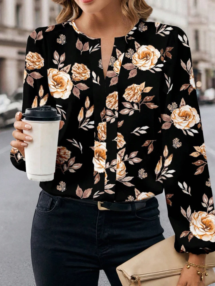 

Women's Flower Print Notch V-Neck Long-Sleeved Fashion Temperament Loose Version Shirt