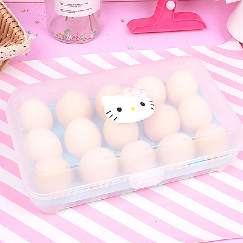 Hello Kitty-caja de almacenamiento de huevos de 15 rejillas, organizador de almacenamiento para refrigerador, soporte transparente de dibujos animados para huevos de cocina, caja de huevos, utensilio de cocina