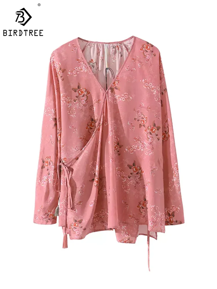 

BirdTree 100%Real Silk Shirt For Women, Long Sleeve Flower Printed, Fashion Chinese Style Loose Blouse, 2024 Spring Top T43706QM