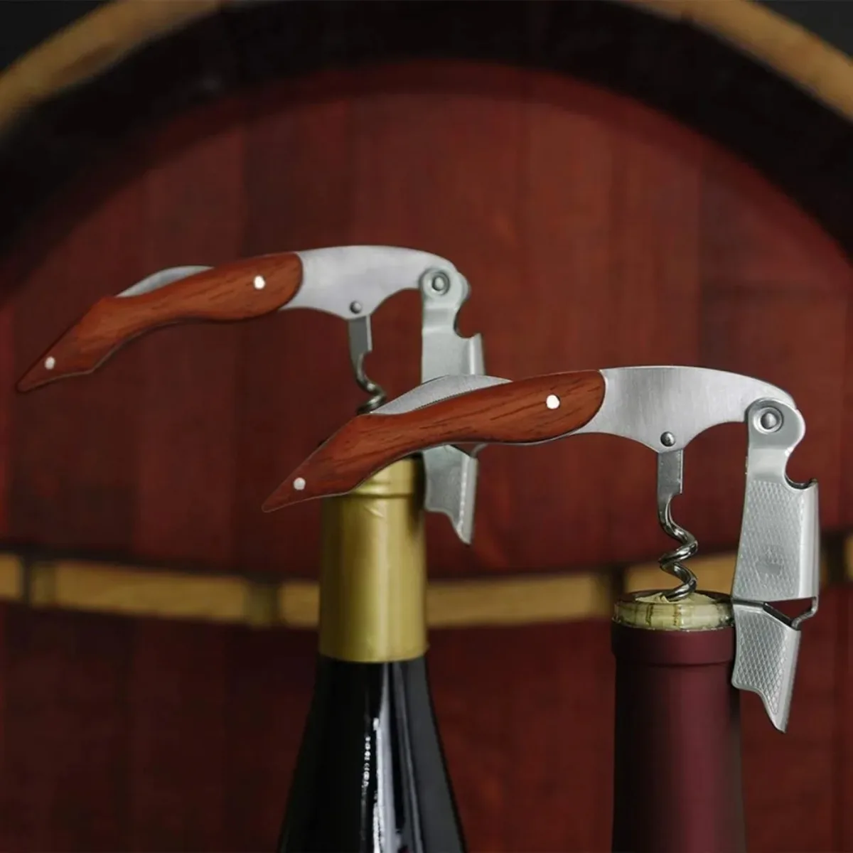 Durable Stainless Steel & Wood Corkscrew Multifunctional Spring-Loaded Double Lever Sommelier Wine Opener  for Travel, Home Bar view 6