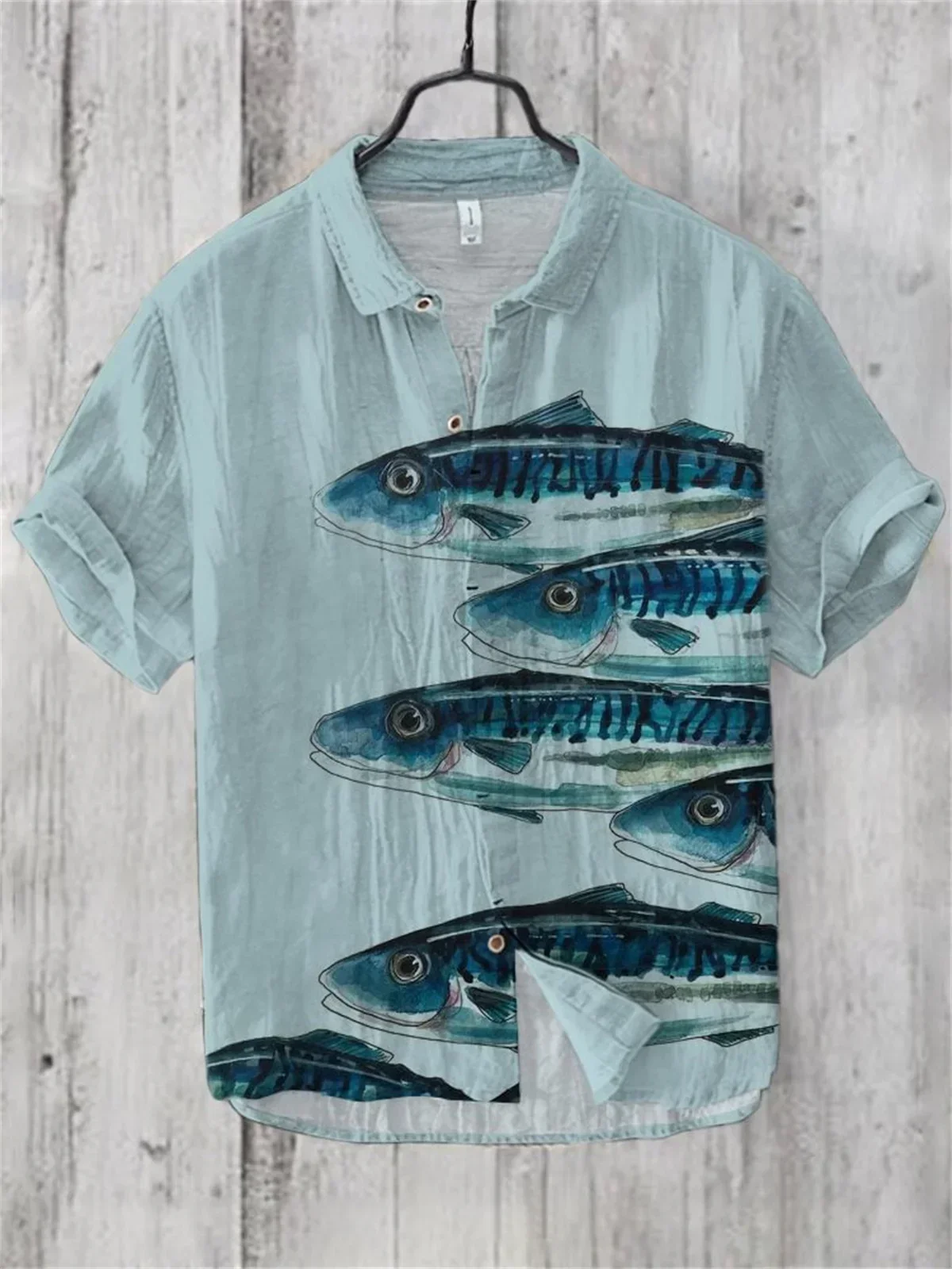 Men\'s Hawaiian Style Retro Fish Print Short Sleeved Shirt, Casual Linen Top, Loose and Breathable, Fashionable