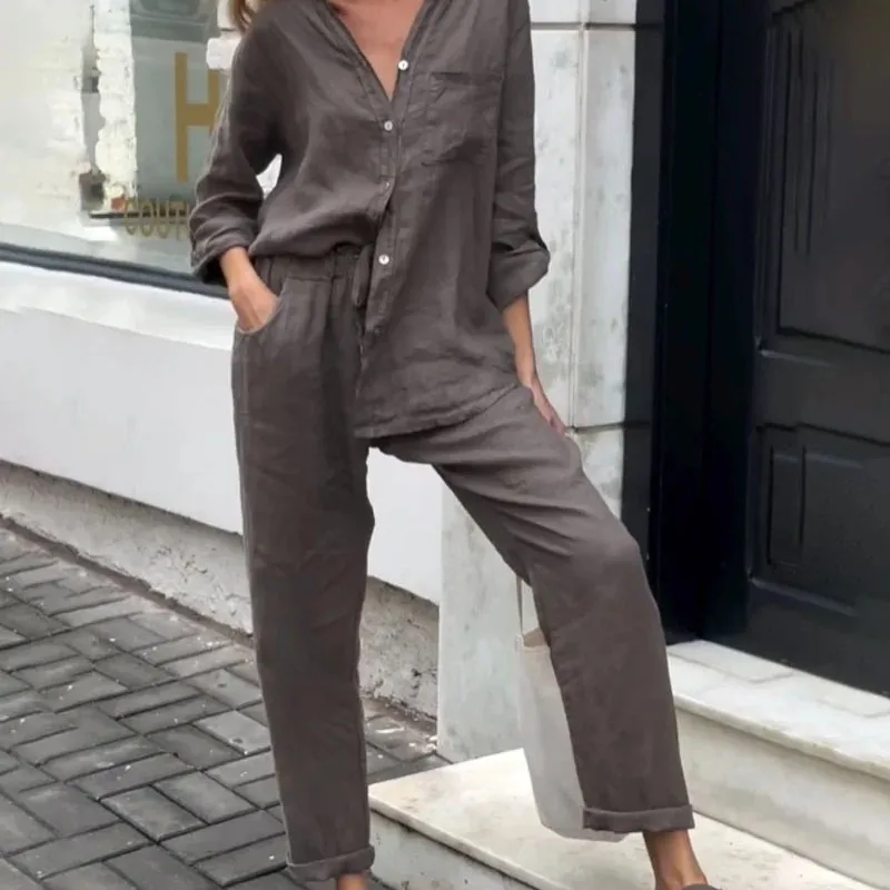 

Hot Sale Of The Season New Women's Pure Color Long Sleeve Shirt And Wide Leg Pants Two Piece Set Single Button Belted Long Pants