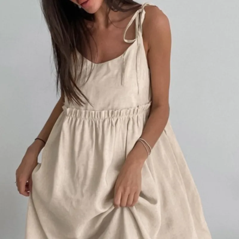 Elegant Cotton And Linen Loose Mini Dress For Women, Simple And Casual Pleated Short Skirt