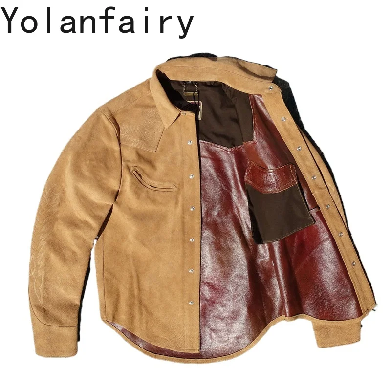 YOLANFAIRY Genuine Cow Leather Jacket Western Embroidered Suede Cowhide Shirt Vintage Tobacco Genuine Leather Shirt Coat 2026