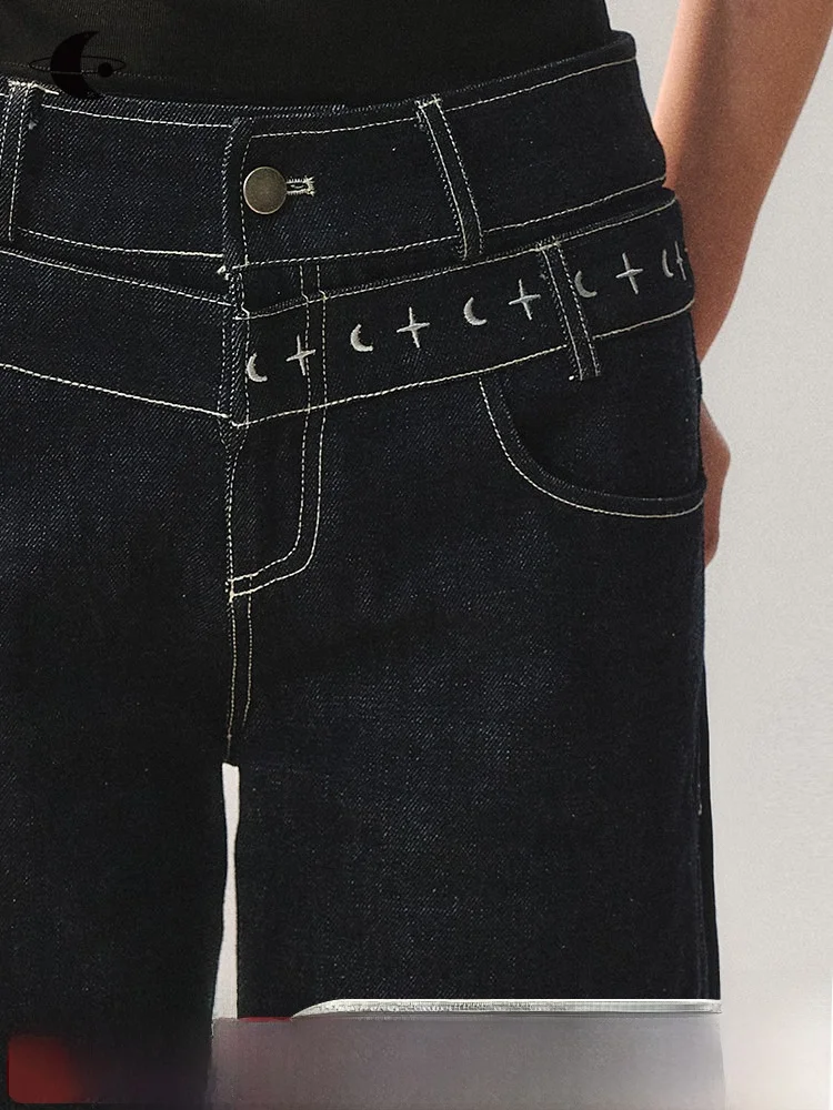 

Waed Blue Jeans Women's Pants Patchwork Waist Cotton Straight Leg Spring Season AnnoMundi l Waist hine Embroidery