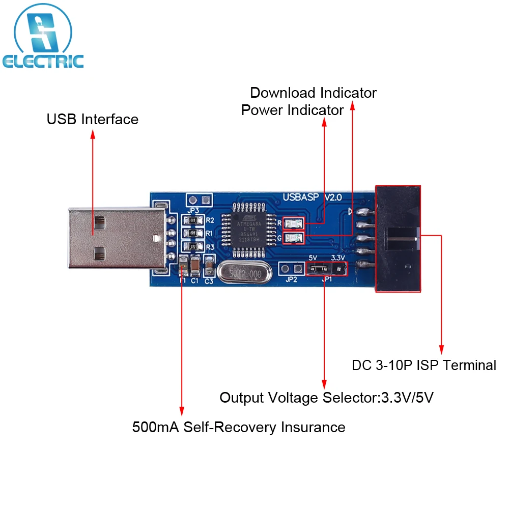 LC-01 51 AVR Programmer ISP USBASP Downloader Power Supply 3.3V/5V Onboard ATMega8 (L) Chip Support Over Current Protection