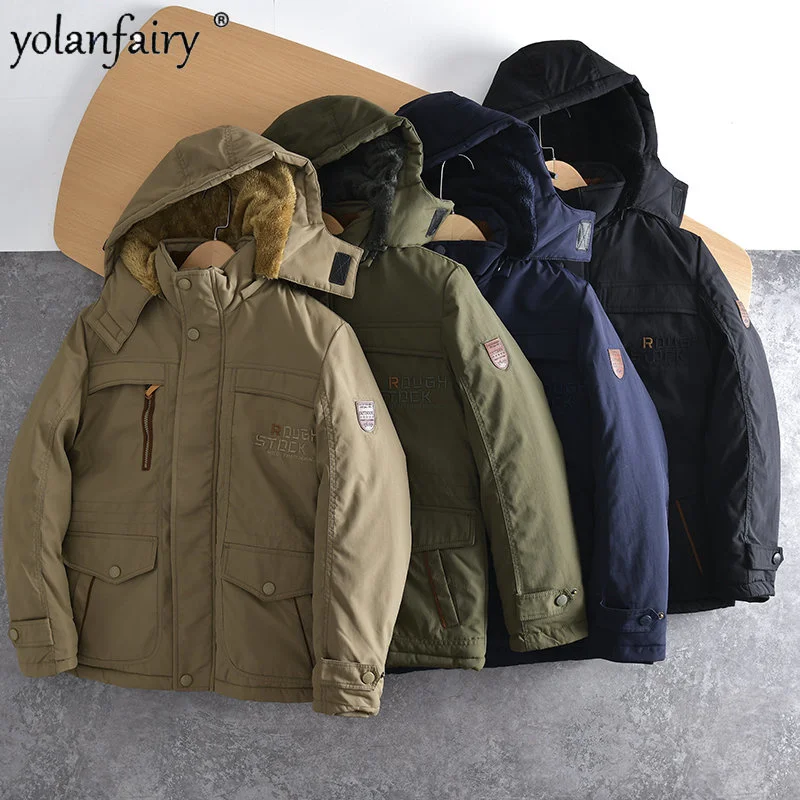 YOLANFAIRY jaket parka pria, jaket musim dingin 2024, jaket tahan angin tahan air luar ruangan untuk pakaian dengan bantalan, mantel bertudung hangat