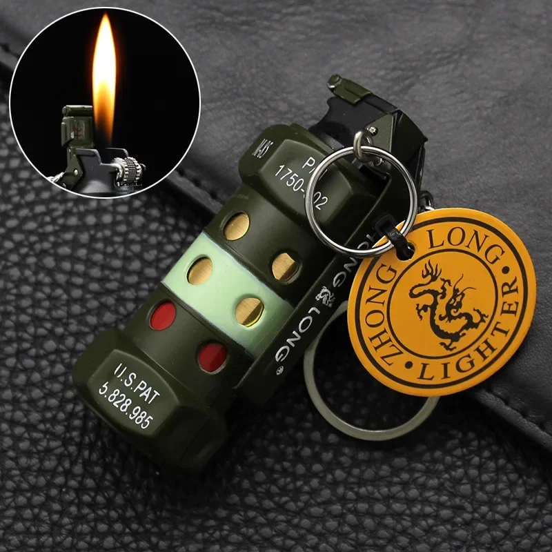 Windproof Mini Grenade Keychain Inflatable Lighter Grinding Wheel Open Flame Bomb Lighter Cigarette Accessories Men's Gift