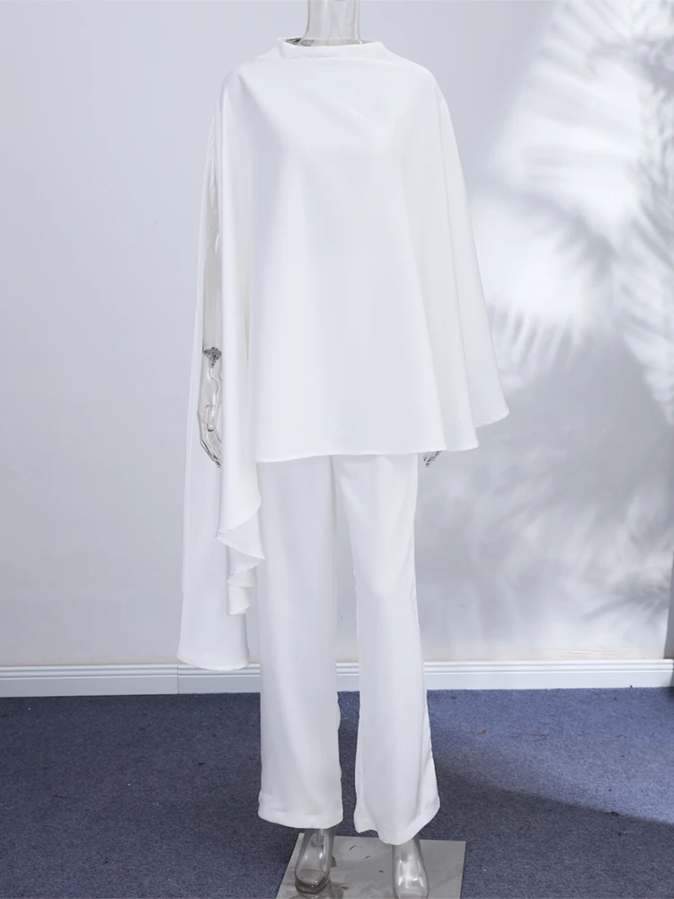 O-Ausschnitt Asymmetrisches Top Hosenanzüge Damen Streetwear Cape-Ärmel Übergroße Oberteile Elastische Taille Weite Hosen Schicke Damen-Outfits – Detail 6