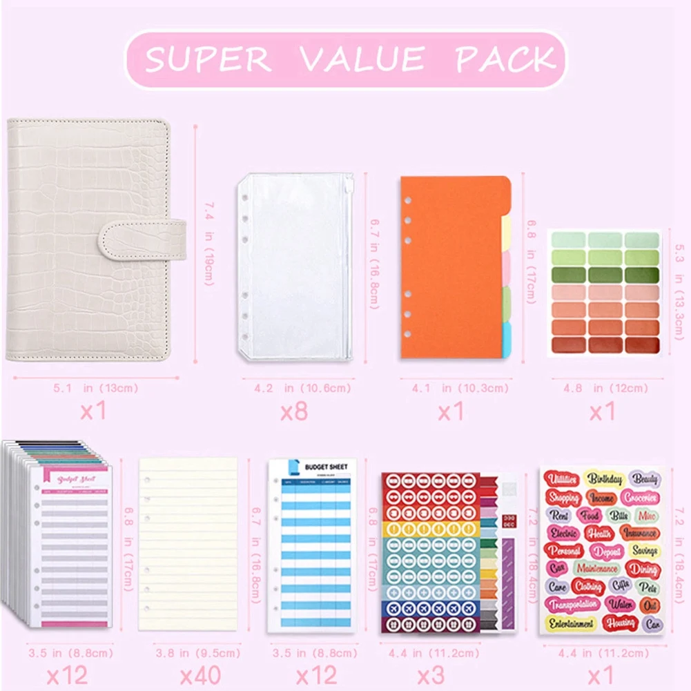 クロコダイルパターンa6 puレザーディバインダー、ノートブックカバー、アジェンダ、ペーパーカバー、ジッパー、お金の封筒、白