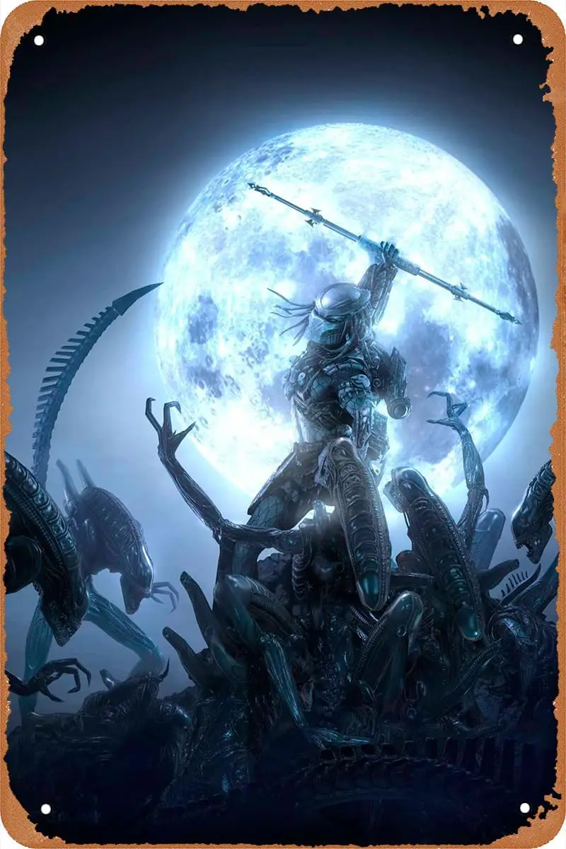 الغريبة مقابل. ملصق فيلم Predator، شعار القصدير القديم، علامة معدنية قديمة، مناسبة للمقاهي والحانات والمكاتب وديكور جدران المنزل