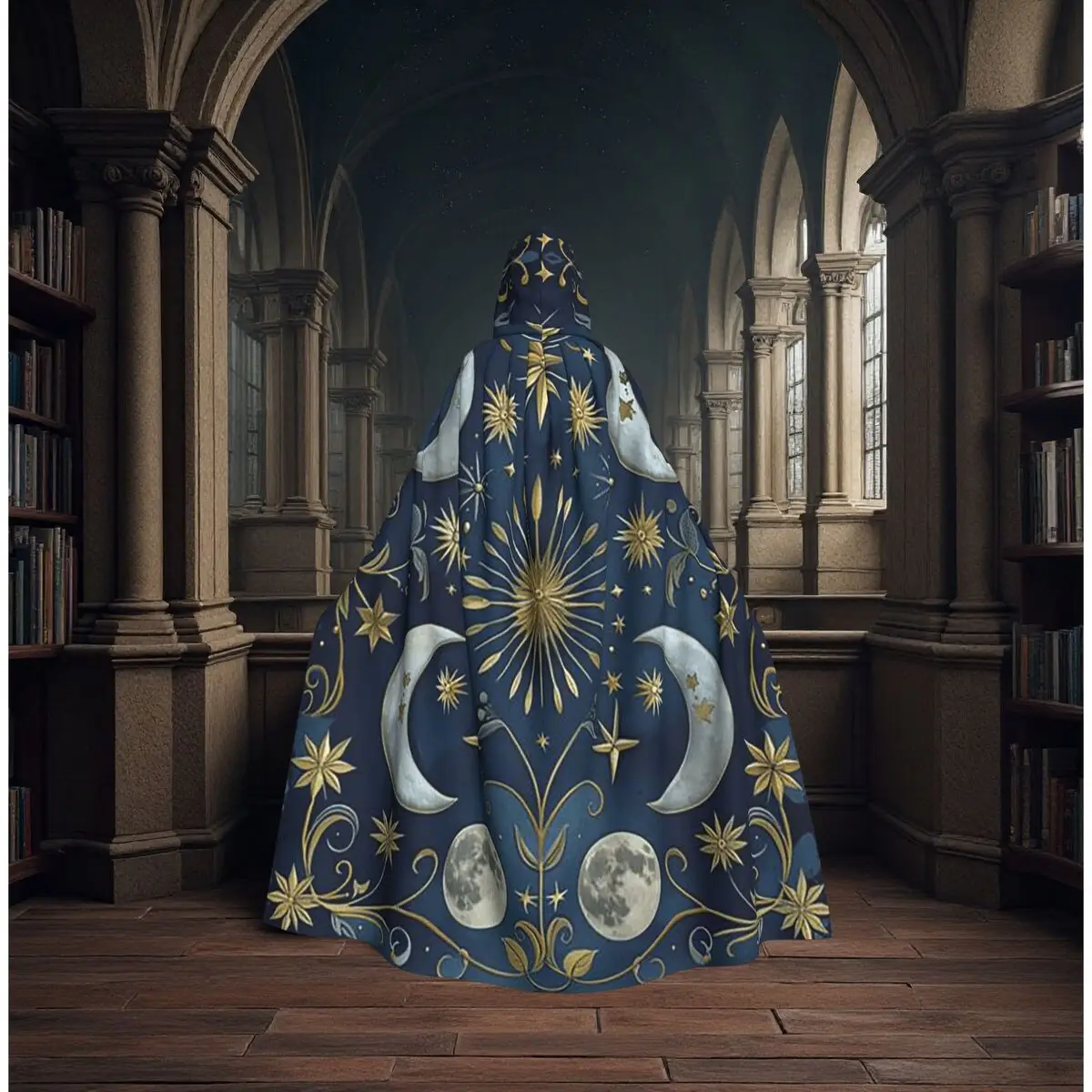 

Celestial Moon And Floral In Navy Blue And Golden Long Hooded Cloak Witch Medieval Costume Cosplay Cape HalloweenVampire Unisex