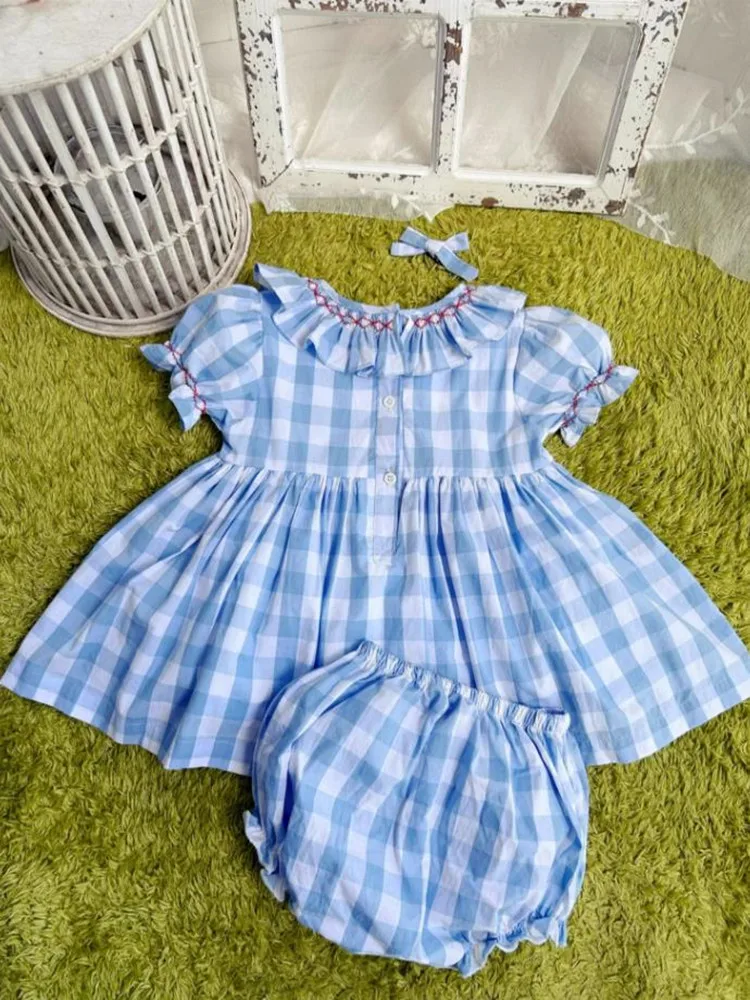 Baby Spanish Vintage Handmade Plaid Dress Summer College Style Sweet Cute Girls Casual Dresses For Birthday Party A4054