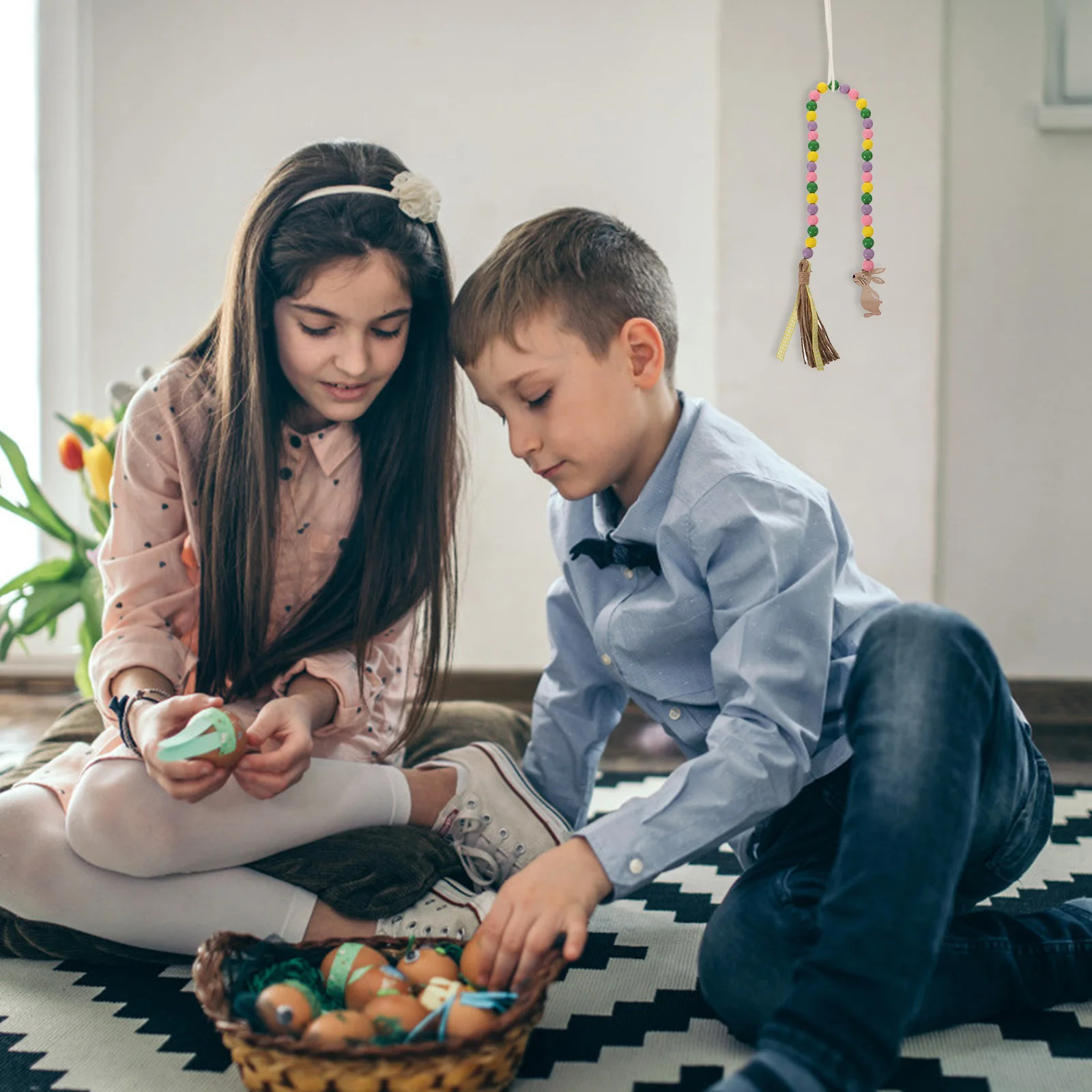 

3Pcs Easter Wood Bead Tassel Rabbit Hanging Decor Home Wall Decoration Indoor Wooden Bead Pendant Creative Home Adornment