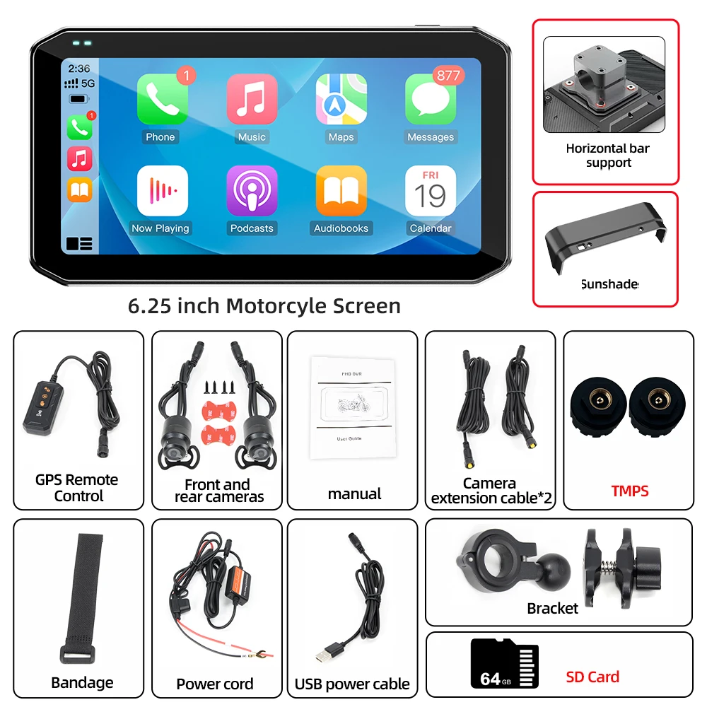 6.25inch Motorcycle Monitor 1080P DVR Recorders Wireless CarPlay Android Auto Navigation Display GPS Remote Control TPMS BSD image 3