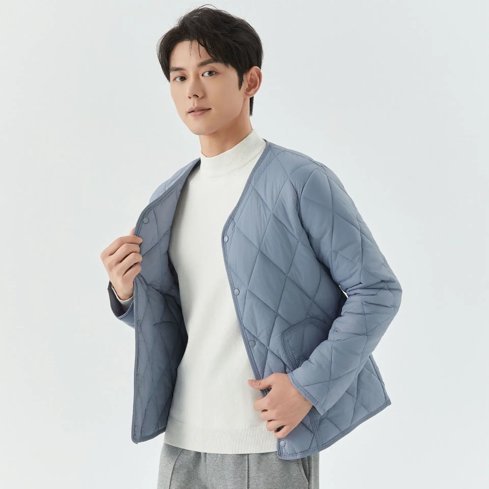 

Pop Men's Winter New Lightweight Single-breasted Padded Jacket With Pockets, Young Man Solid Color Argyle Casual Warm Padded Jac