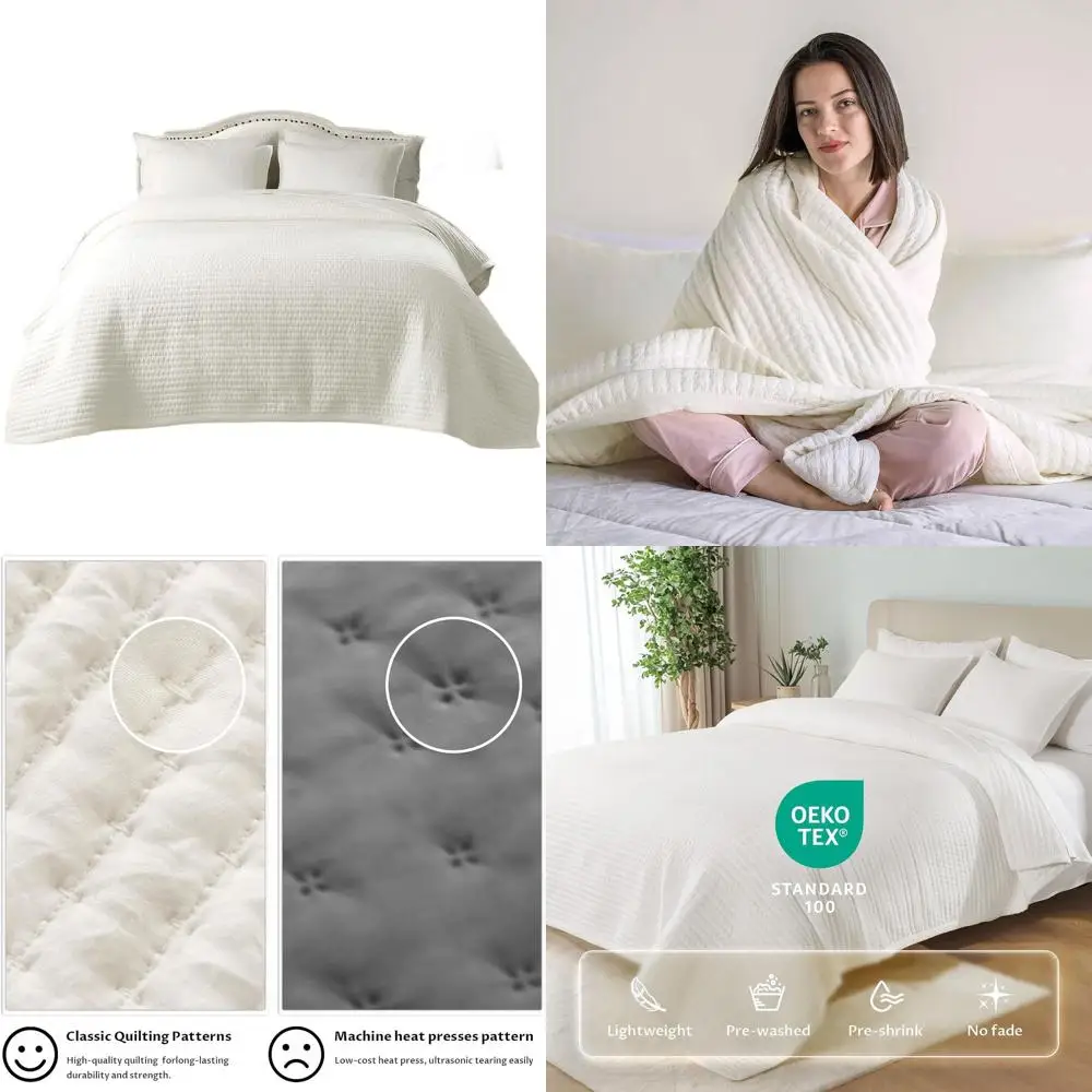

Luxury Oversized King Quilt 112x106 - Lightweight 3-Layer Bedspread, Cream White, All-Season, Minimalist Nordic Style