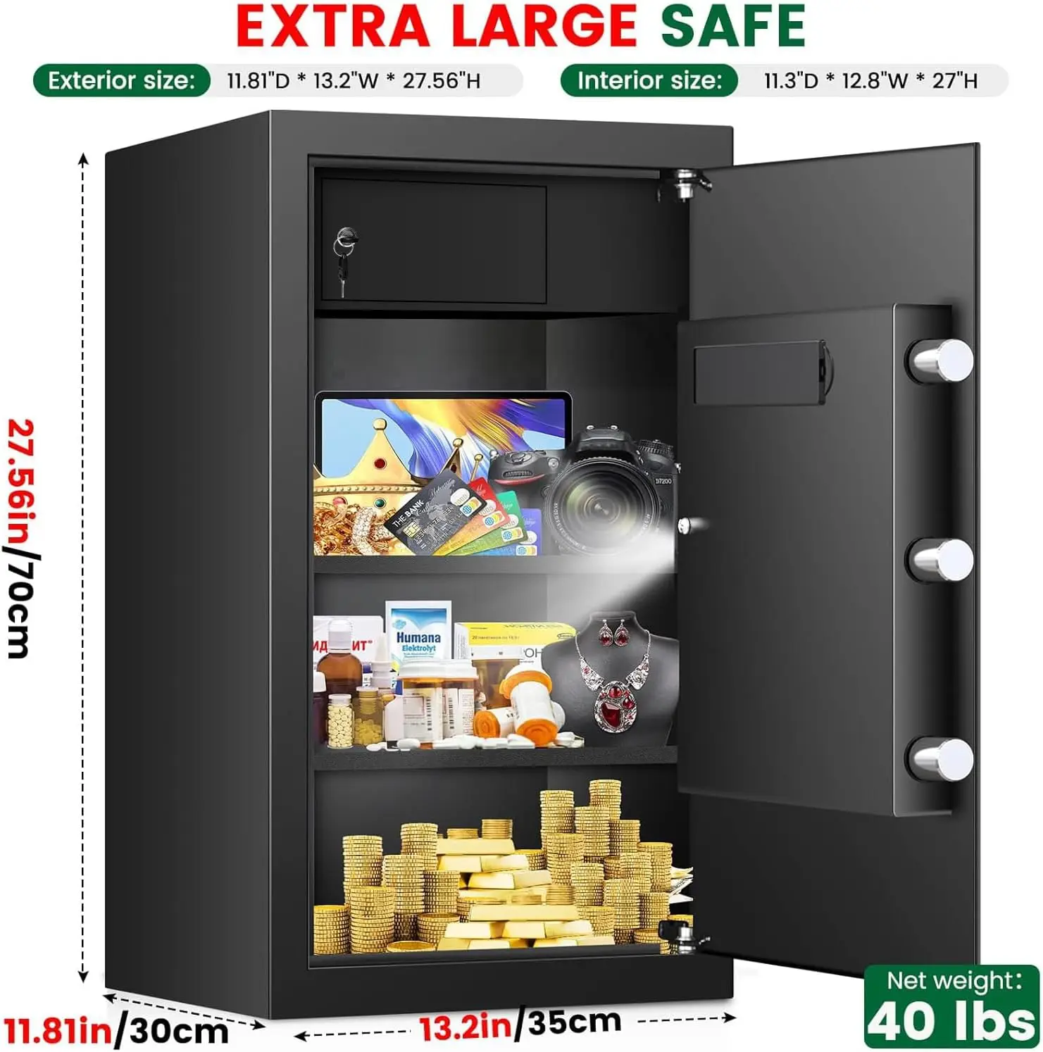 6.1Cu ft Extra Large Home Safes Fireproof Waterproof, Anti-Theft Fireproof Safe Box With Digital Keypad & Lock Box and Led Light