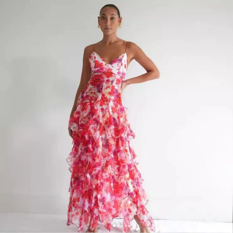 Summer Women Floral Print Party Dress Elegant New Fashion Strap V Neck High Waist Halter Corset Ruffle Evening Long Dress Robe